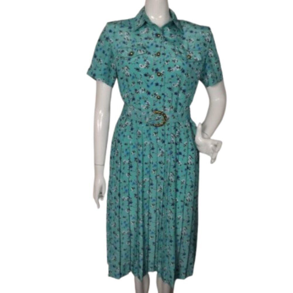 LESLIE FAY Shirt Dress, 6P PETITE, Floral, pastel blue-green, Pleated, Career